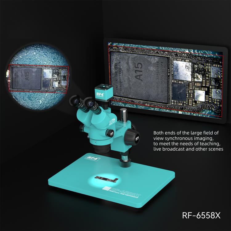 RF4 RF-6558X 6.5-58X Synchronous Zoom Trinocular Stereo Microscope with Aluminum Alloy Big Base - Blue