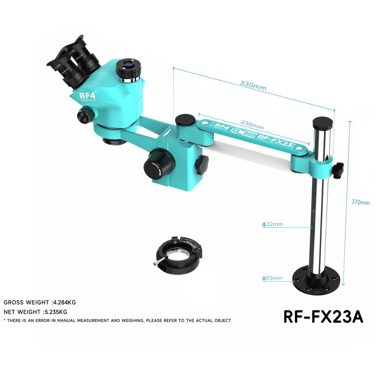 RF4 RF-FX23A 7-50X Free Swing Fixed Trinocular Stereo Microscope, Short Version - Blue