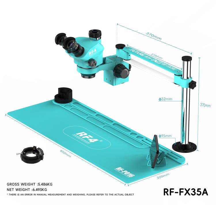 RF4 RF-FX35A 7-50X Free Swing Fixed Trinocular Microscope with RF-PO16 Silicone Pad, Long Version - Blue