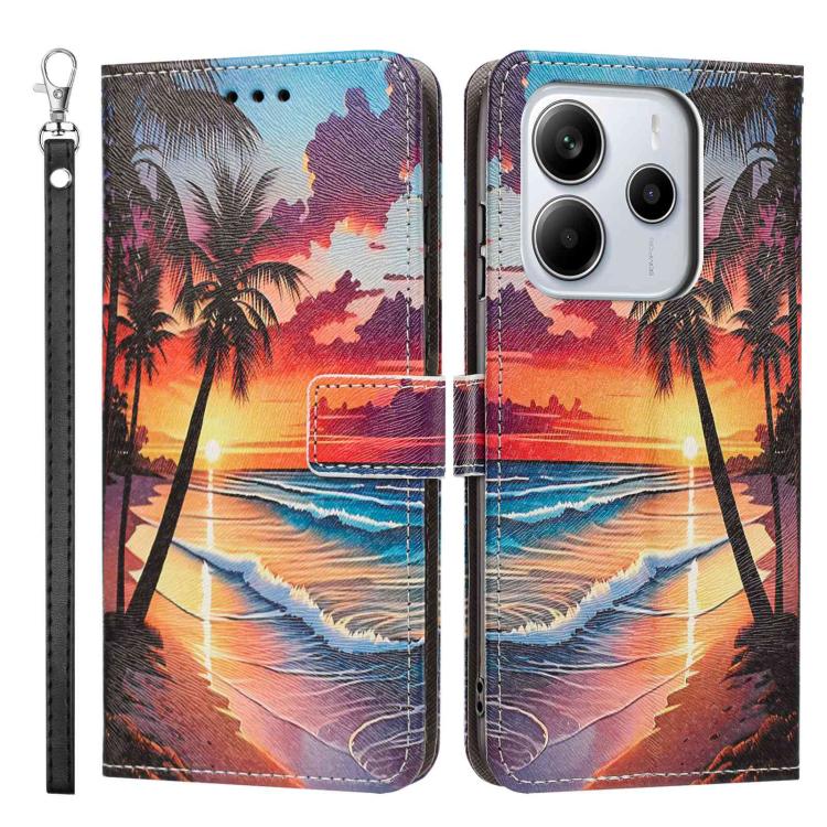 For Redmi Note 14 4G 164.84mm Painted Pattern Vegan Leather Phone Case with Strap