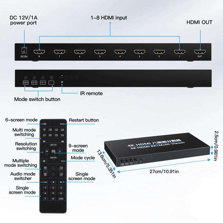 NK-M618 4K HDMI 8x1 8-way Screen Splitter Switch - Black