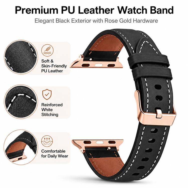 For Apple Watch 38 / 40 / 41 / S11 42mm 5 Pack xDfind Rose Gold Buckle Black Shark Fine Grain Vegan Leather Watch Band