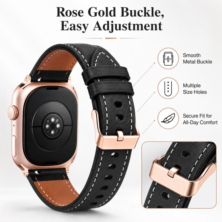 For Apple Watch 42 / 44 / 45 / 46 / 49mm 5 Pack xDfind Rose Gold Buckle Black Shark Fine Grain Vegan Leather Watch Band