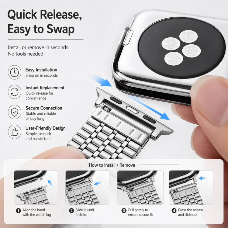 For Apple Watch 42 / 44 / 45 / 46 / 49mm 5 Pack xDfind Seven Beads Buckle Stainless Steel Watch Band