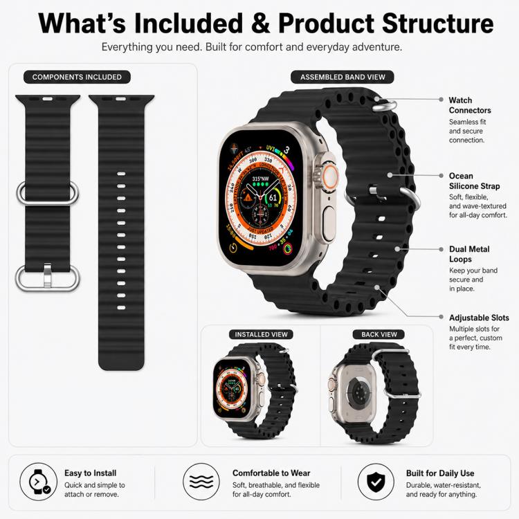 For Apple Watch 42 / 44 / 45 / 46 / 49mm 5 Pack xDfind Ocean Silicone Watch Band