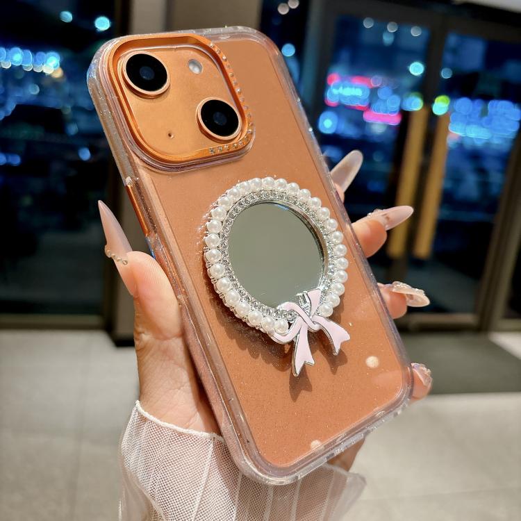 For iPhone 15 Crystal Series Round Pearl Mirror Shockproof Phone Case