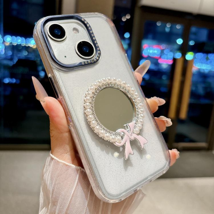For iPhone 15 Crystal Series Round Pearl Mirror Shockproof Phone Case