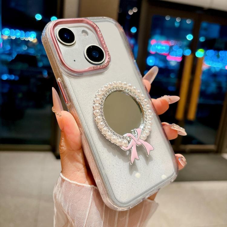 For iPhone 15 Crystal Series Round Pearl Mirror Shockproof Phone Case