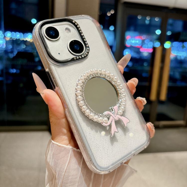 For iPhone 15 Crystal Series Round Pearl Mirror Shockproof Phone Case
