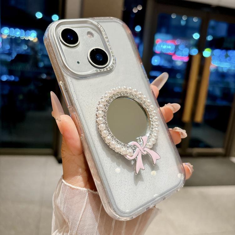 For iPhone 15 Crystal Series Round Pearl Mirror Shockproof Phone Case