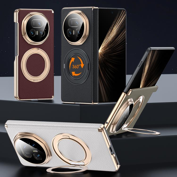 For Honor Magic V5 Magnetic Holder Genuine Leather Dual-axis Phone Case
