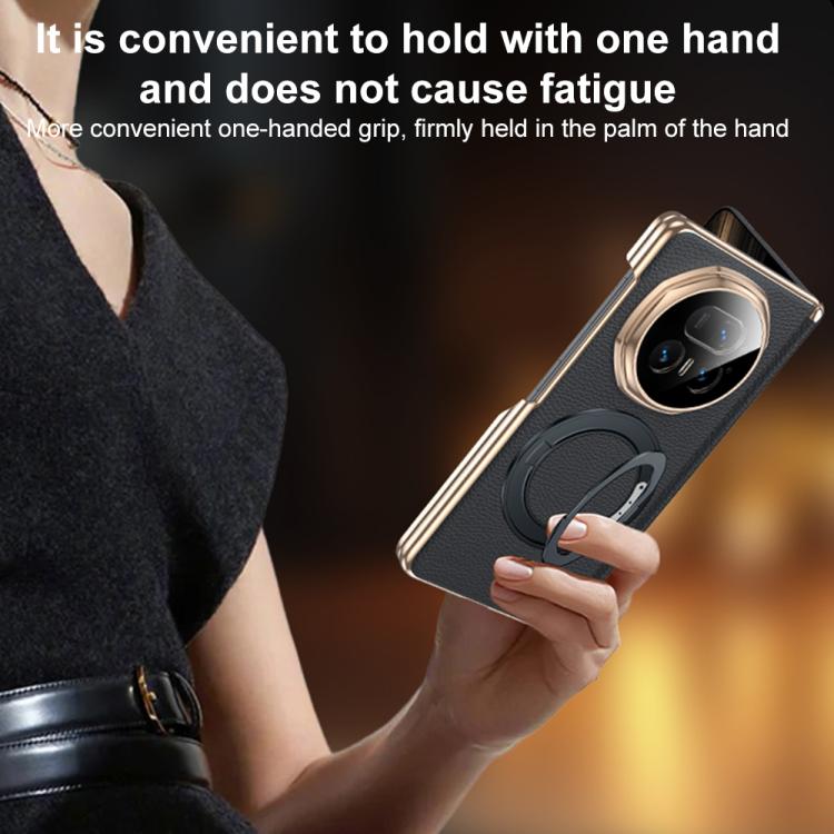 For Honor Magic V5 Magnetic Holder Genuine Leather Dual-axis Phone Case