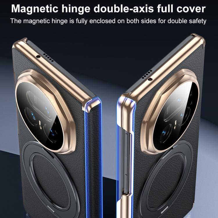 For Honor Magic V5 Magnetic Holder Genuine Leather Dual-axis Phone Case