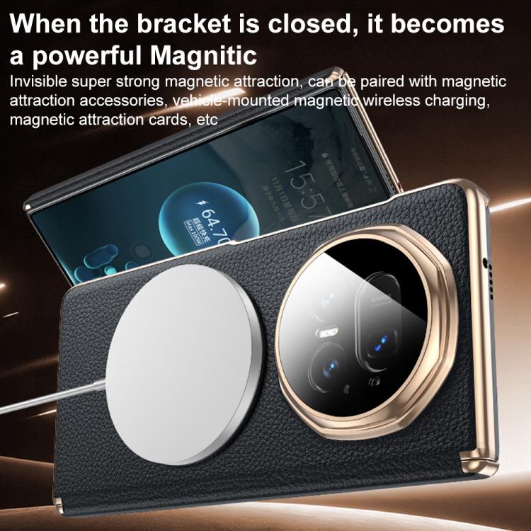 For Honor Magic V5 Magnetic Holder Genuine Leather Dual-axis Phone Case