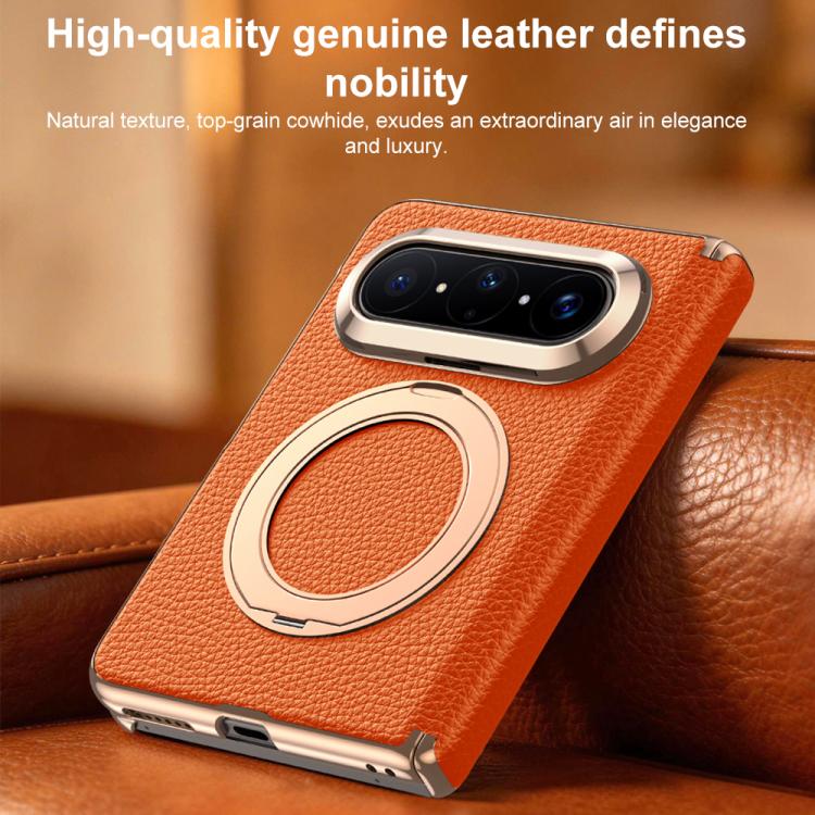 For Huawei Pura X Max 360 Degree Rotating Magnetic Holder Genuine Leather Dual-axis Phone Case