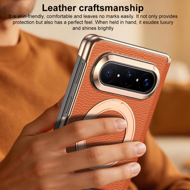 For Huawei Pura X Max 360 Degree Rotating Magnetic Holder Genuine Leather Dual-axis Phone Case