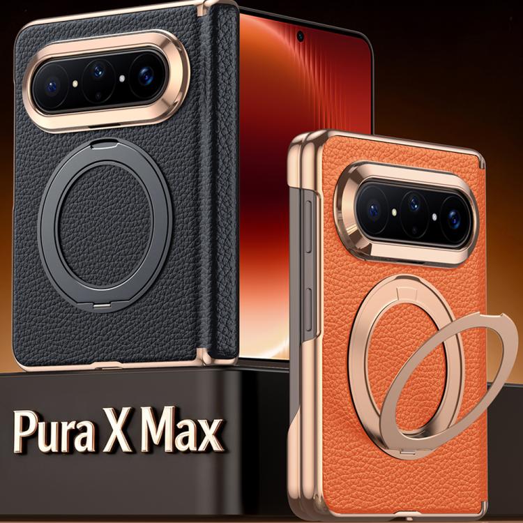 For Huawei Pura X Max 360 Degree Rotating Magnetic Holder Genuine Leather Dual-axis Phone Case