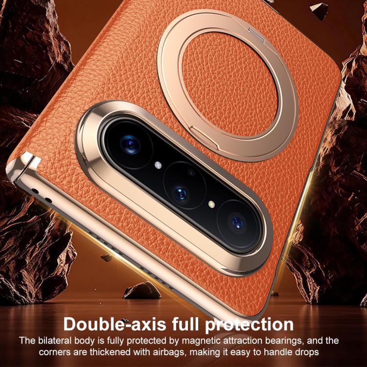 For Huawei Pura X Max 360 Degree Rotating Magnetic Holder Genuine Leather Dual-axis Phone Case