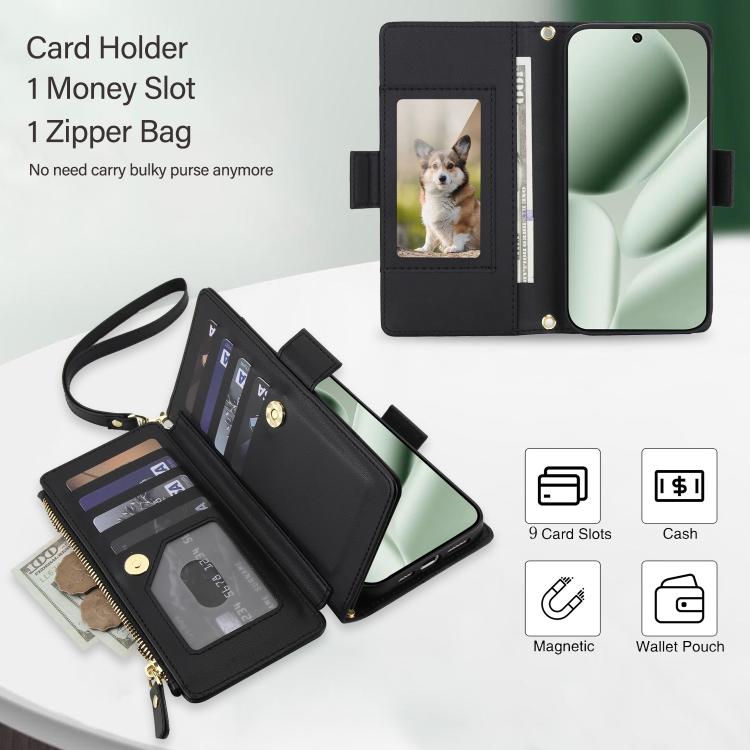For Google Pixel 10 / 10 Pro / 9 / 9 Pro Crossbody Diamond 9 Card Slots Zipper Bag Vegan Leather Phone Case