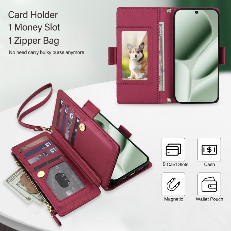 For Google Pixel 10 / 10 Pro / 9 / 9 Pro Crossbody Diamond 9 Card Slots Zipper Bag Vegan Leather Phone Case