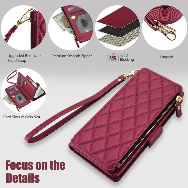 For Google Pixel 10 / 10 Pro / 9 / 9 Pro Crossbody Diamond 9 Card Slots Zipper Bag Vegan Leather Phone Case