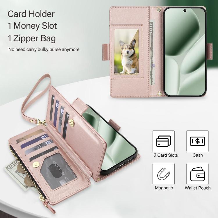 For Google Pixel 10 / 10 Pro / 9 / 9 Pro Crossbody Diamond 9 Card Slots Zipper Bag Vegan Leather Phone Case