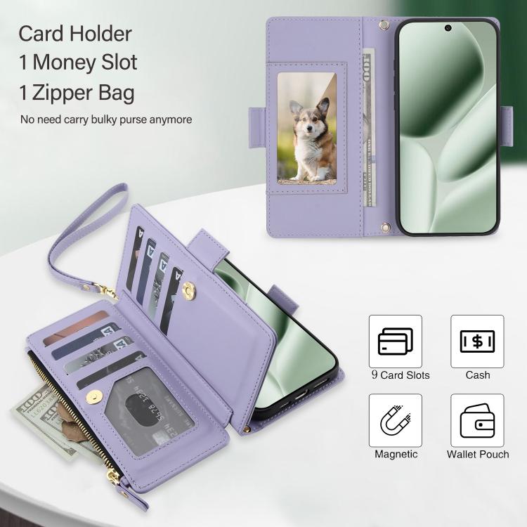 For Google Pixel 10 / 10 Pro / 9 / 9 Pro Crossbody Diamond 9 Card Slots Zipper Bag Vegan Leather Phone Case