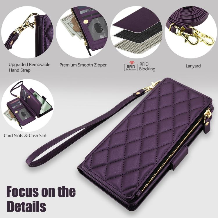For Google Pixel 10 / 10 Pro / 9 / 9 Pro Crossbody Diamond 9 Card Slots Zipper Bag Vegan Leather Phone Case