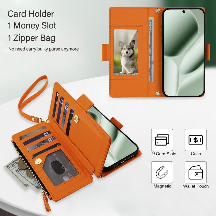 For Google Pixel 10 Pro XL / Pixel 9 Pro XL Crossbody Diamond 9 Card Slots Zipper Bag Vegan Leather Phone Case
