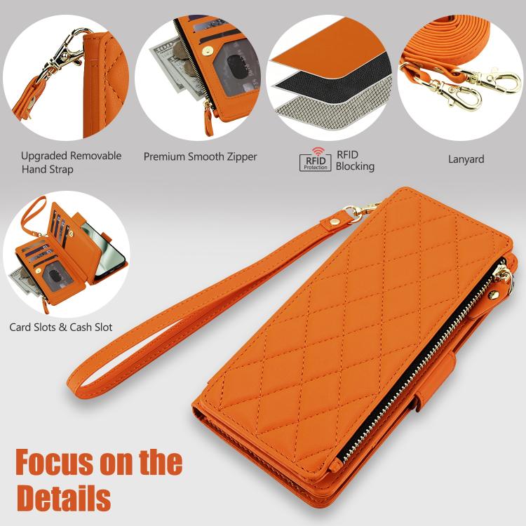 For Google Pixel 10 Pro XL / Pixel 9 Pro XL Crossbody Diamond 9 Card Slots Zipper Bag Vegan Leather Phone Case