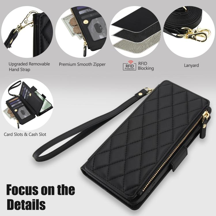 For Google Pixel 10 Pro XL / Pixel 9 Pro XL Crossbody Diamond 9 Card Slots Zipper Bag Vegan Leather Phone Case