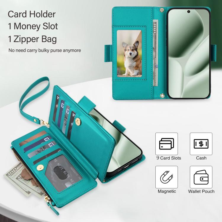 For Google Pixel 10 Pro XL / Pixel 9 Pro XL Crossbody Diamond 9 Card Slots Zipper Bag Vegan Leather Phone Case