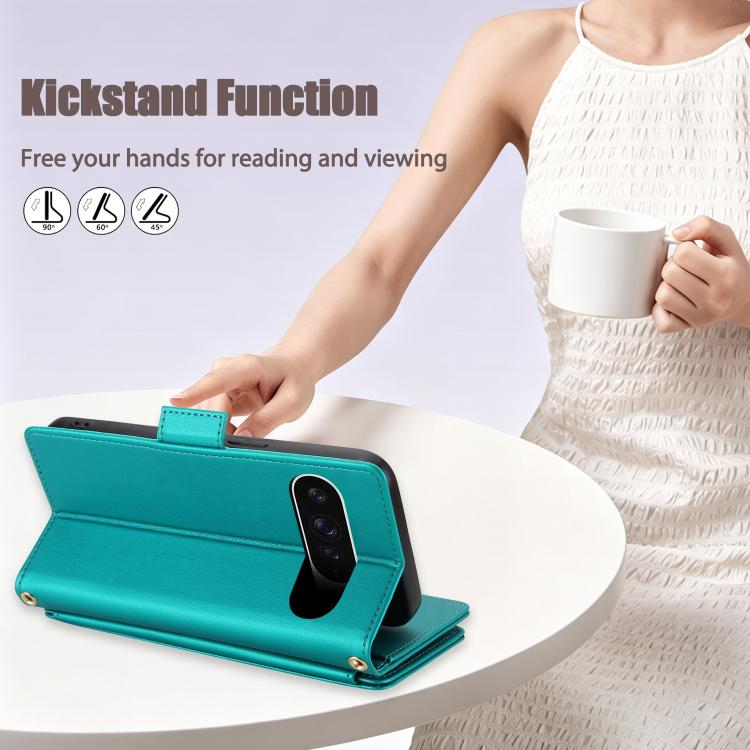 For Google Pixel 10 Pro XL / Pixel 9 Pro XL Crossbody Diamond 9 Card Slots Zipper Bag Vegan Leather Phone Case