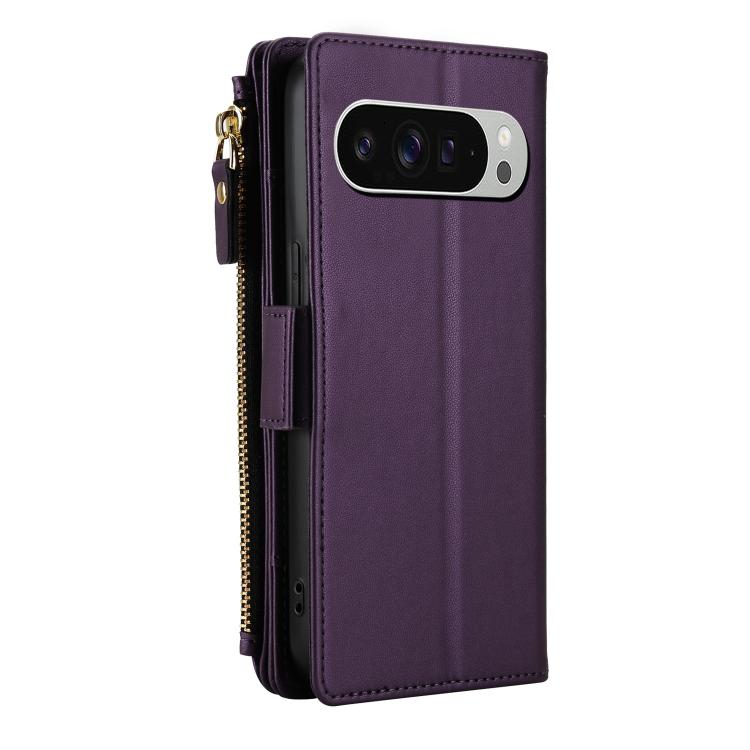 For Google Pixel 10 Pro XL / Pixel 9 Pro XL Crossbody Diamond 9 Card Slots Zipper Bag Vegan Leather Phone Case