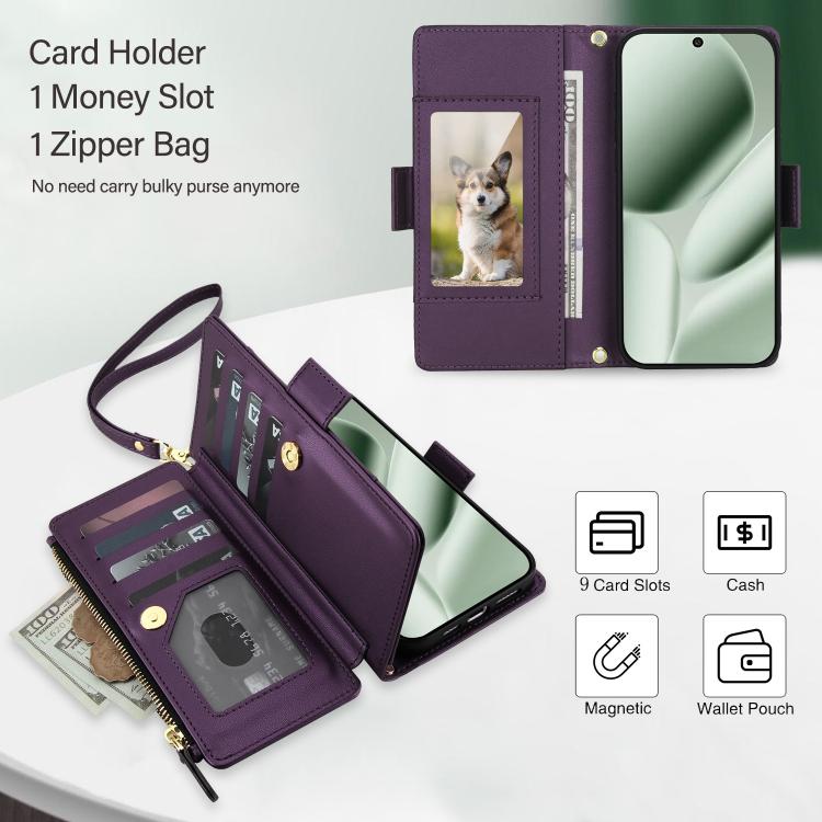 For Google Pixel 10 Pro XL / Pixel 9 Pro XL Crossbody Diamond 9 Card Slots Zipper Bag Vegan Leather Phone Case