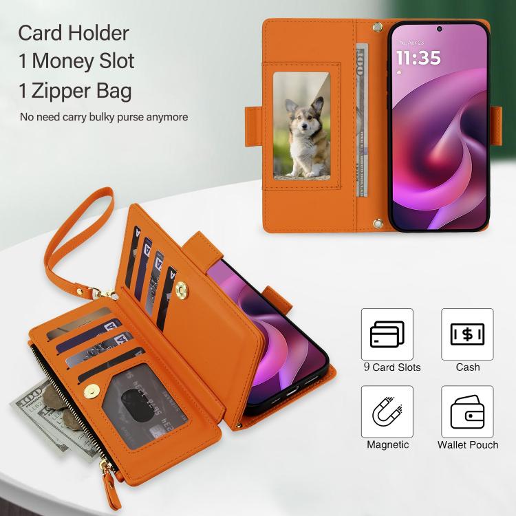 For Motorola Moto G 5G 2026 / G Play 5G 2026 Crossbody Diamond 9 Card Slots Zipper Bag Vegan Leather Phone Case