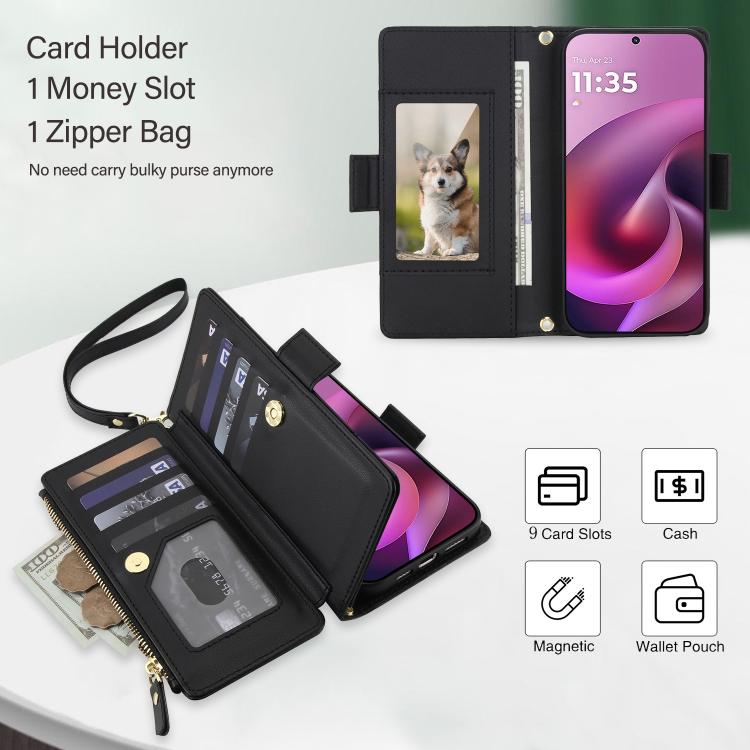 For Motorola Moto G 5G 2026 / G Play 5G 2026 Crossbody Diamond 9 Card Slots Zipper Bag Vegan Leather Phone Case
