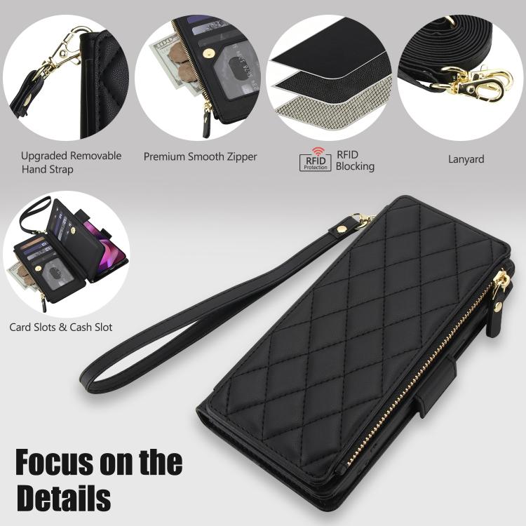 For Motorola Moto G 5G 2026 / G Play 5G 2026 Crossbody Diamond 9 Card Slots Zipper Bag Vegan Leather Phone Case