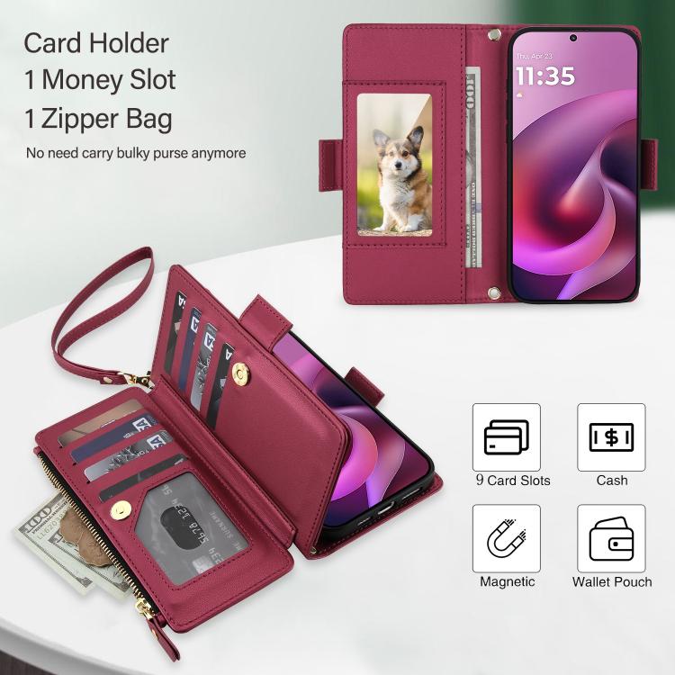 For Motorola Moto G 5G 2026 / G Play 5G 2026 Crossbody Diamond 9 Card Slots Zipper Bag Vegan Leather Phone Case