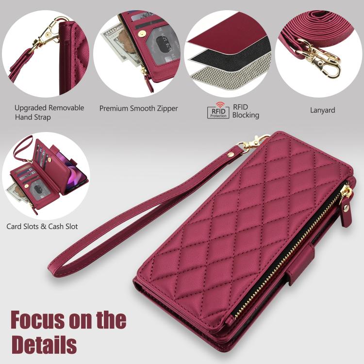 For Motorola Moto G 5G 2026 / G Play 5G 2026 Crossbody Diamond 9 Card Slots Zipper Bag Vegan Leather Phone Case