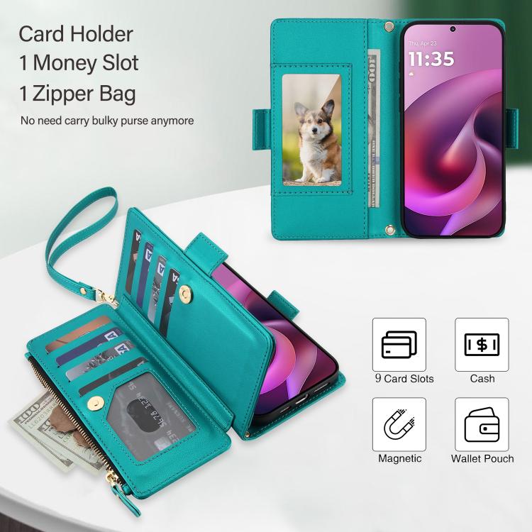 For Motorola Moto G 5G 2026 / G Play 5G 2026 Crossbody Diamond 9 Card Slots Zipper Bag Vegan Leather Phone Case
