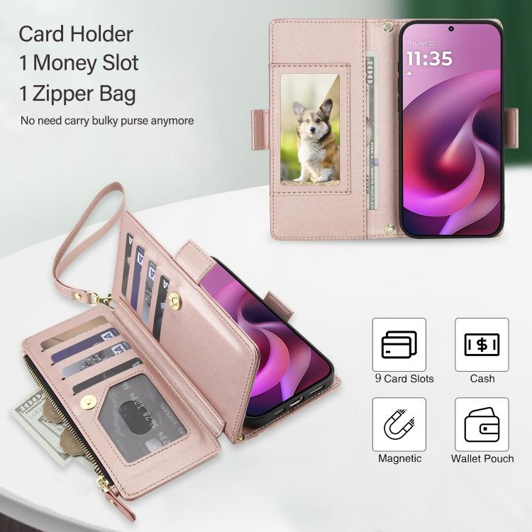 For Motorola Moto G 5G 2026 / G Play 5G 2026 Crossbody Diamond 9 Card Slots Zipper Bag Vegan Leather Phone Case
