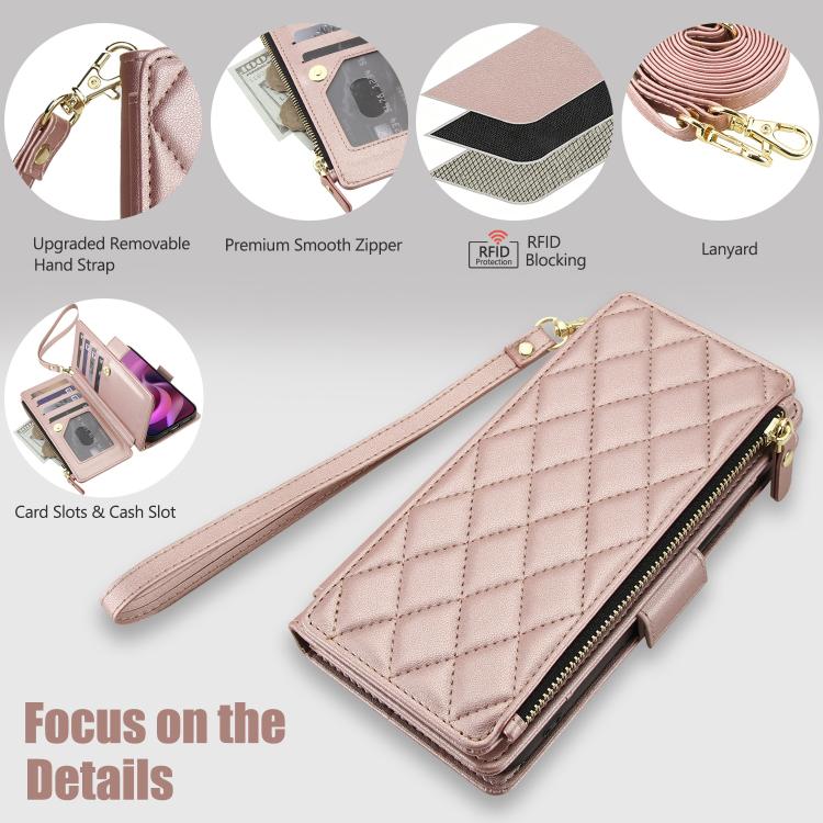 For Motorola Moto G 5G 2026 / G Play 5G 2026 Crossbody Diamond 9 Card Slots Zipper Bag Vegan Leather Phone Case