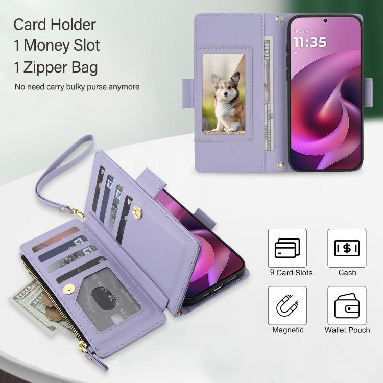 For Motorola Moto G 5G 2026 / G Play 5G 2026 Crossbody Diamond 9 Card Slots Zipper Bag Vegan Leather Phone Case