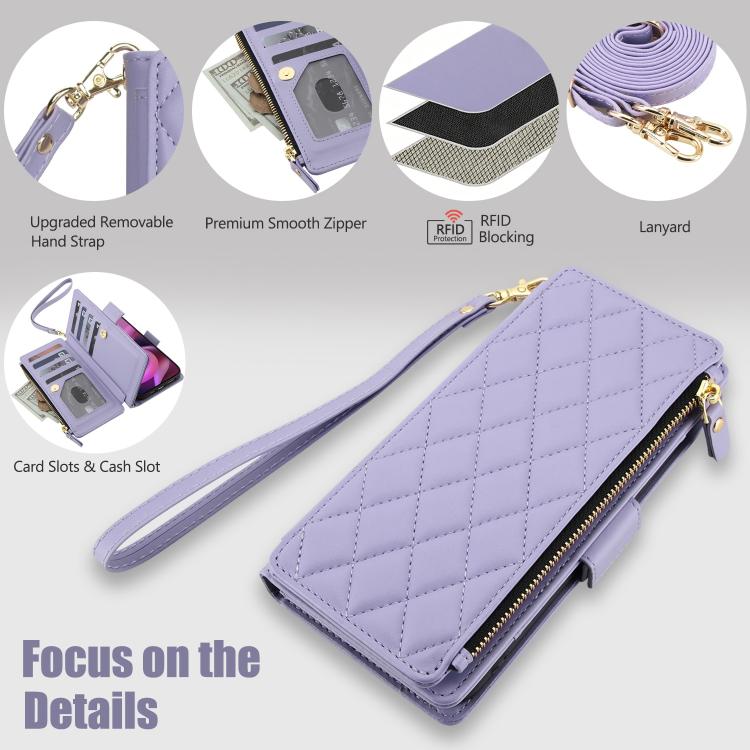 For Motorola Moto G 5G 2026 / G Play 5G 2026 Crossbody Diamond 9 Card Slots Zipper Bag Vegan Leather Phone Case