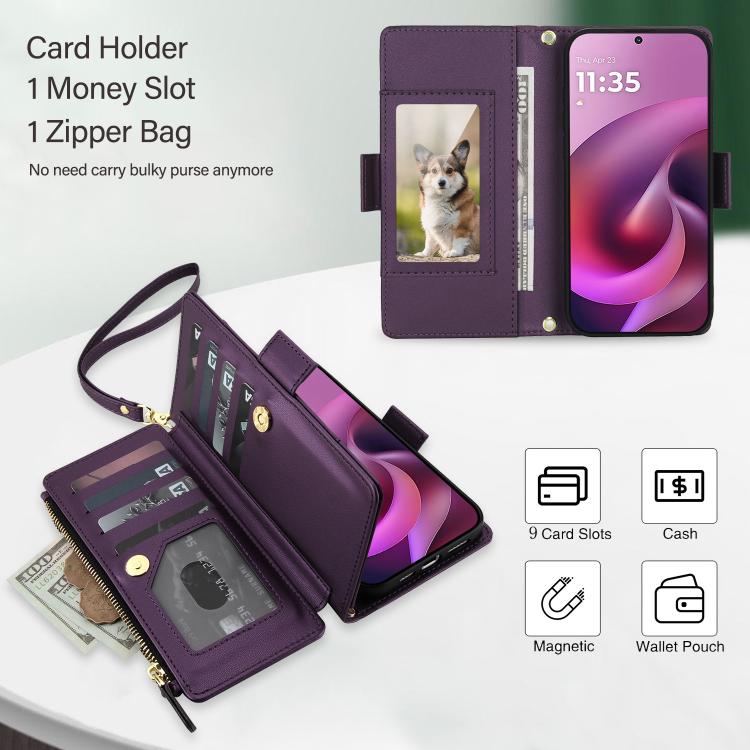 For Motorola Moto G 5G 2026 / G Play 5G 2026 Crossbody Diamond 9 Card Slots Zipper Bag Vegan Leather Phone Case