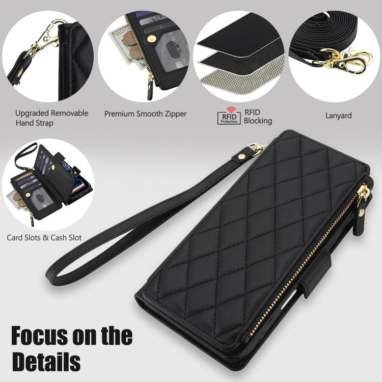 For iPhone 17 Pro Max Crossbody Diamond 9 Card Slots Zipper Bag Vegan Leather Phone Case