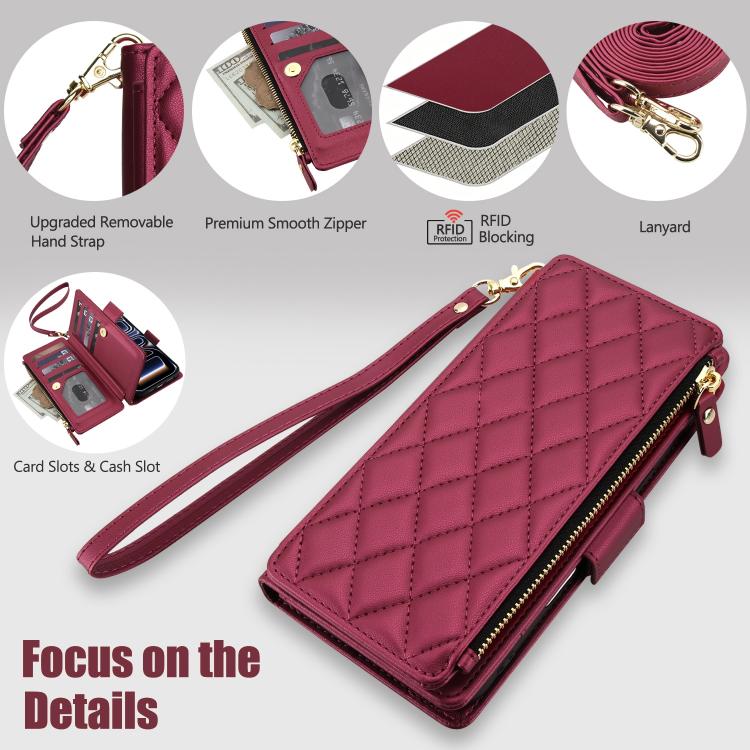 For iPhone 17 Pro Max Crossbody Diamond 9 Card Slots Zipper Bag Vegan Leather Phone Case