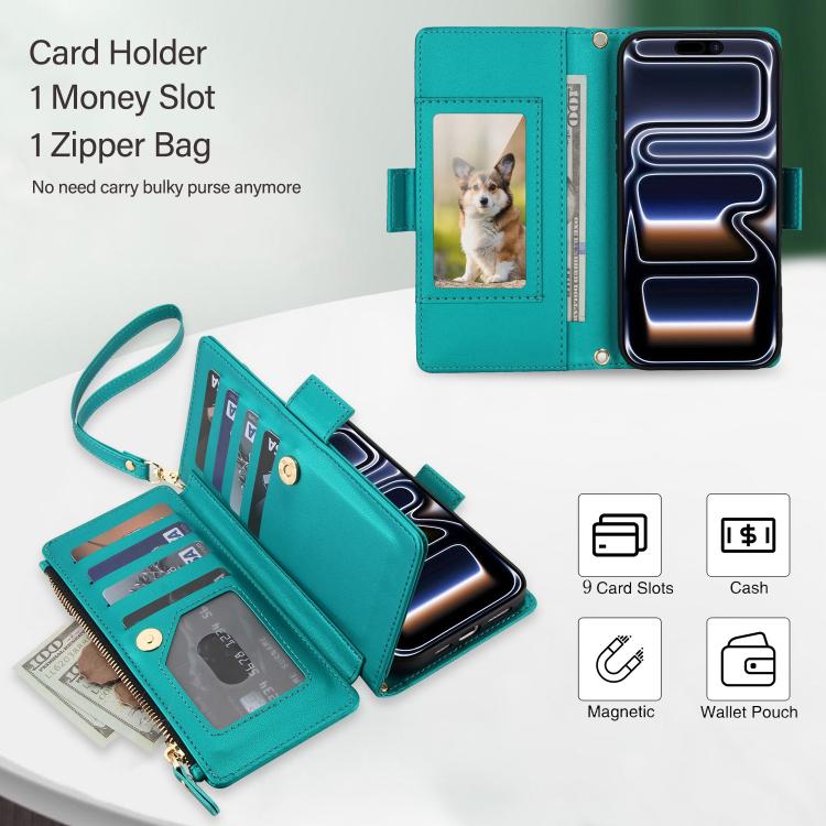 For iPhone 17 Pro Max Crossbody Diamond 9 Card Slots Zipper Bag Vegan Leather Phone Case