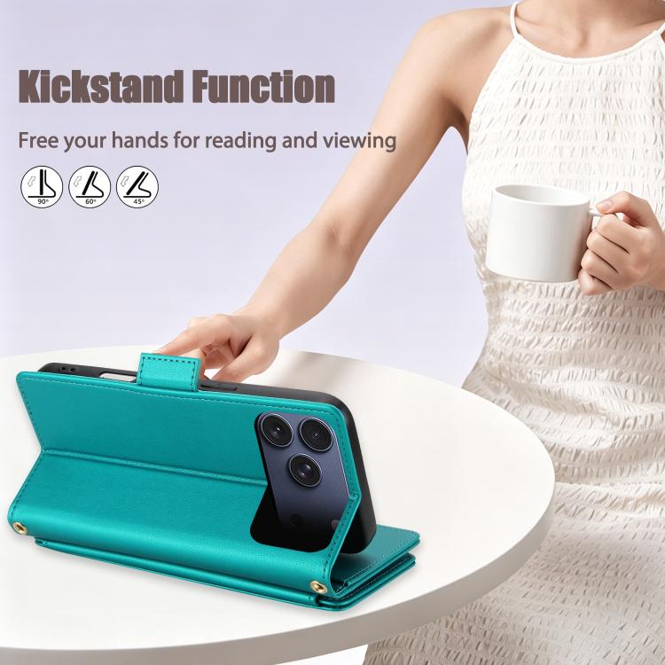 For iPhone 17 Pro Max Crossbody Diamond 9 Card Slots Zipper Bag Vegan Leather Phone Case